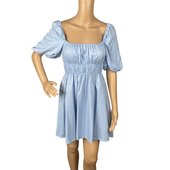 Cider NEW Pastel Blue Milkmaid Babydoll Puff Sleeve Dress SZ S - Picture 3 of 10